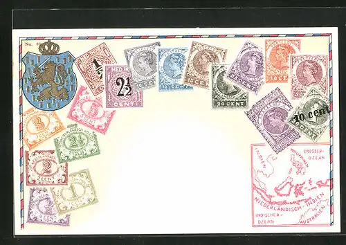 AK Verschiedene Briefmarken und Wappen von Niederländisch-Indien mit Landkarte
