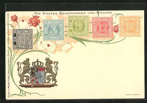 AK Die ersten Briefmarken von Bayern und Wappen