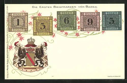 AK Die ersten Briefmarken von Baden und Wappen