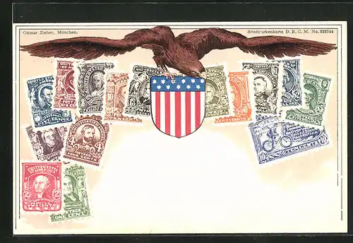 AK Briefmarken und Wappen der Vereinigten Staaten von Amerika