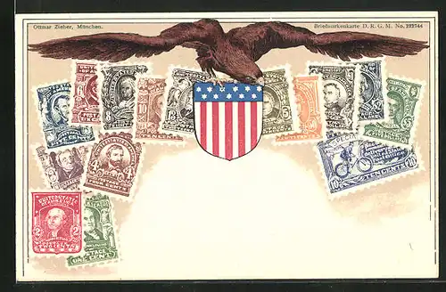 AK Verschiedene Briefmarken und Wappen der Vereinigten Staaten von Amerika