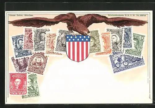 AK Briefmarken und Wappen der Vereinigten Staaten von Amerika