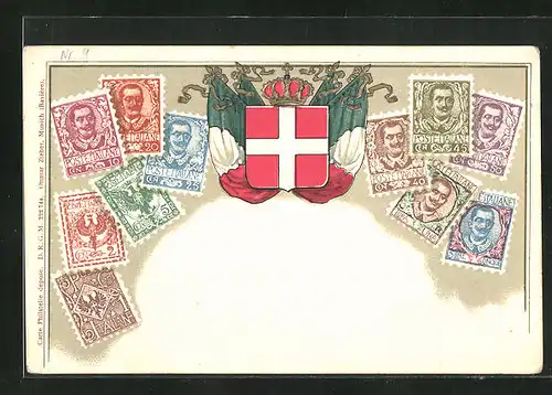 Präge-AK Briefmarken und Wappen von Italien