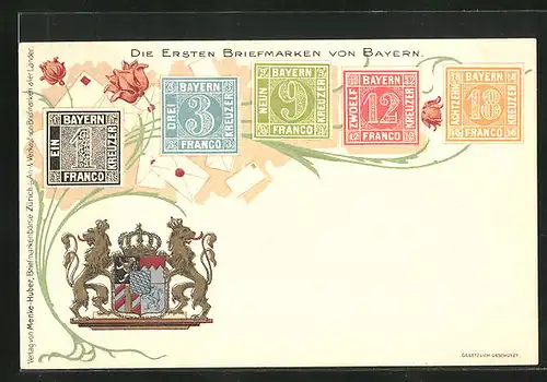 AK Die ersten Briefmarken von Bayern, mit Wappen des Freistaats