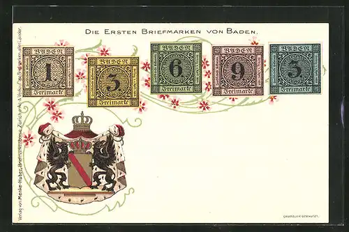 AK Die ersten Briefmarken von Baden, mit Wappen