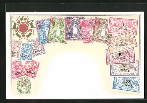 AK Briefmarken und Wappen von Zanzibar