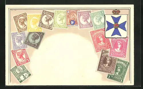 Präge-AK Briefmarken und Wappen von Queensland