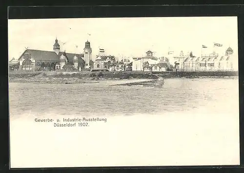 AK Düsseldorf, Gewerbe-u. Industrie-Ausstellung 1902, Ausstellungsgelände mit Fluss