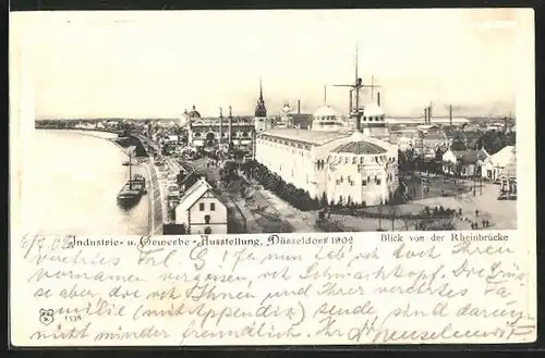 AK Düsseldorf, Gewerbe-u. Industrie-Ausstellung 1902, Blick von der Rheinbrücke