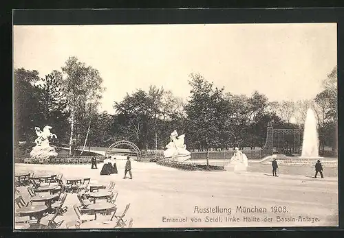 AK München, Ausstellung 1908, Linke Hälfte der Bassin-Anlage, Emanuel von Seidl