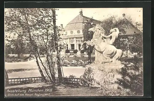 AK München, Ausstellung 1908, Blick auf das Haupt Restaurant