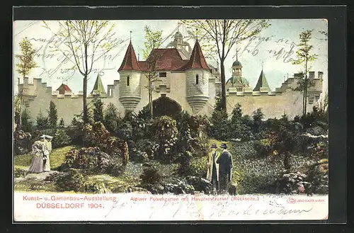 AK Düsseldorf, Kunst- u. Gartenbau-Ausstellung 1904, Alpiner Felsengarten mit Hauptrestaurant Rückseite