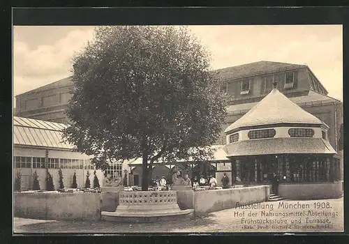 AK München, Ausstellung 1908, Hof der Nahrungsmittel-Abteilung: Frühstücksstube und Terrasse