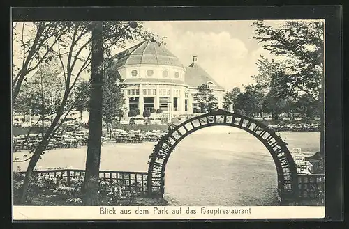 AK München, Bayrische Gewerbeschau 1912, Blick aus dem Park auf das Hauptrestaurant