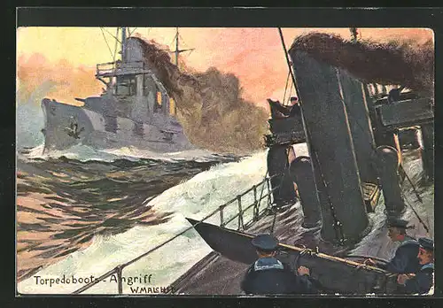 Künstler-AK Torpedoboots-Angriff, Kriegsschiff