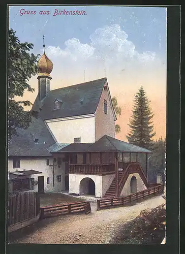 AK Birkenstein, Wallfahrtskapelle in der Dämmerung