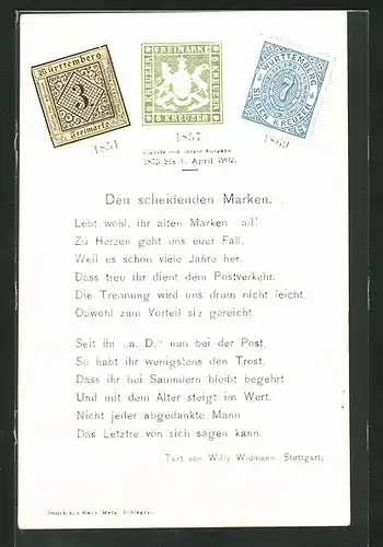 Künstler-AK Württemberg, Den scheidenden Marken, Briefmarken 1851-1857-1869, Postgeschichte