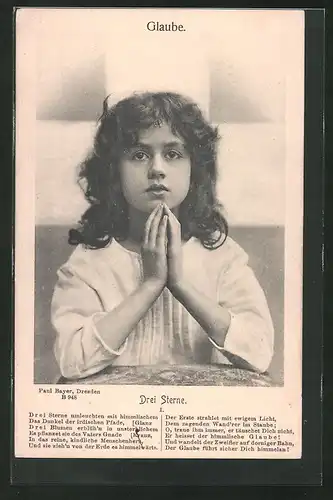 AK Glaube, Betendes Mädchen, Drei Sterne, Allegorie