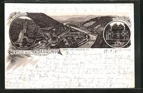 Vorläufer-Lithographie Bad Ems, 1891, Hotel Malberg, Malbergbahn, Gesamtansicht von Bäderlei