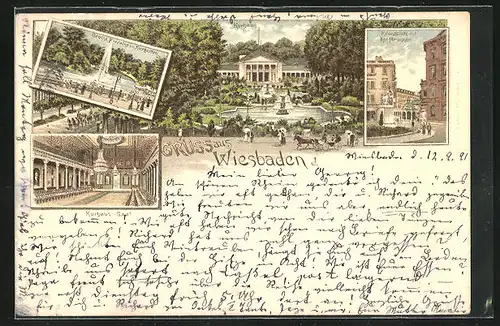 Vorläufer-Lithographie Wiesbaden, 1891, Hotel Kurhaus mit Brunnen, Kranzplatz mit Kochbrunnen, Kurhaus-Saal