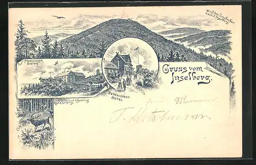 Vorläufer-Lithographie Inselberg, 1893, Hotel Gothaisches, Gasthof Preussischer, Hirsch