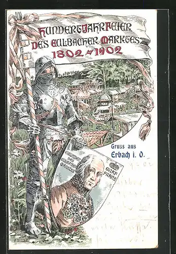 Lithographie Erbach i. O., Hundertjahrfeier des Eulbacher Marktes 1902, Gründung des Eulbacher Marktes Graf Franz