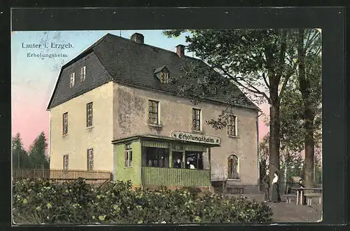 Goldfenster-AK Lauter i. Erzgeb., Erholungsheim mit leuchtenden Fenstern