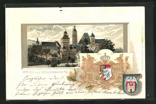 Passepartout-Lithographie Weissenburg a. S., Ellinger Thor Partie, mit Wappen