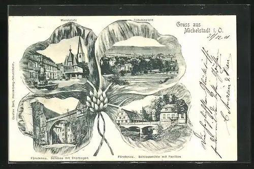 Grusskarten-AK Michelstadt i. O., Schlossmühle mit Pavillon, Thorbogen, Marktplatz, Totalansicht