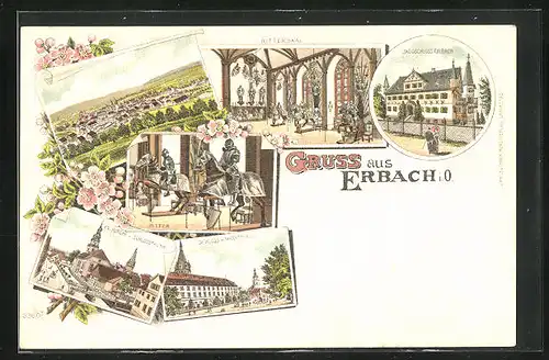 Lithographie Erbach i. O., Jagdschloss Eulbach, Rittersaal, Marktplatz