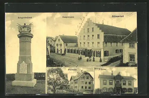 AK Altusried, Gasthaus J. Sutter, Pfarrhaus, Kriegerdenkmal