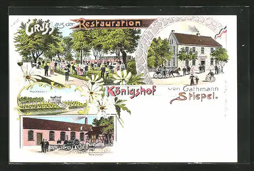 Lithographie Bochum, Restauration Königshof, Garten, Fabrik landwirtschaftlicher Maschinen