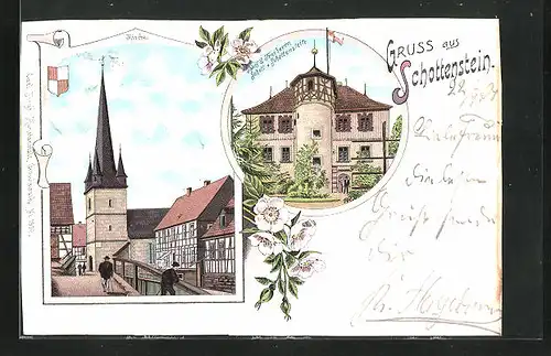 Lithographie Schottenstein, Schloss d. Freiherrn Schott v. Schottenstein, Kirche