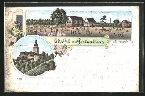 Lithographie Falkenstein, Gasthof Gartenhaus, Burg