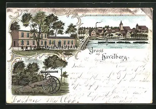Lithographie Havelberg, Gasthof Schützenhaus Mühlenholz, Kanone, Teilansicht