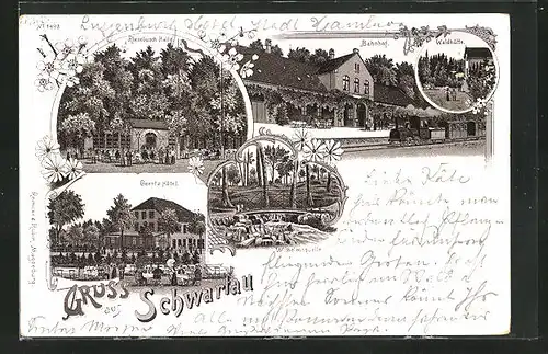 Lithographie Schwartau, Riesebusch-Halle, Bahnhof, Geertz Hotel