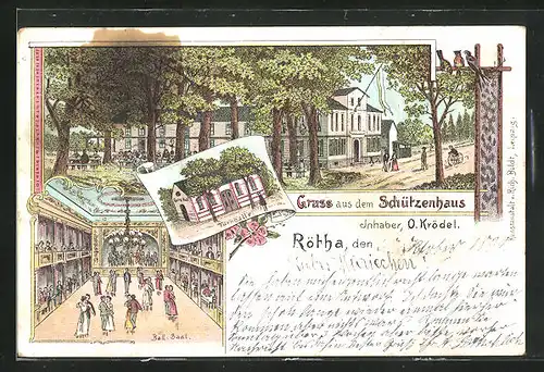 Lithographie Rötha, Gasthaus Schützenhof mit Ball-Saal und Turnhalle, Inh. O. Krödel