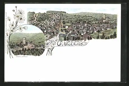 Lithographie Cransberg i. T., Teilansicht des Orts sowie Schloss und Kapelle
