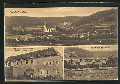 AK Sandbach i. Odw., Gasthaus zum Ochsen, Inh. Thomas Heil, St. Marien-Waisenhaus, Totalansicht mit Kirche