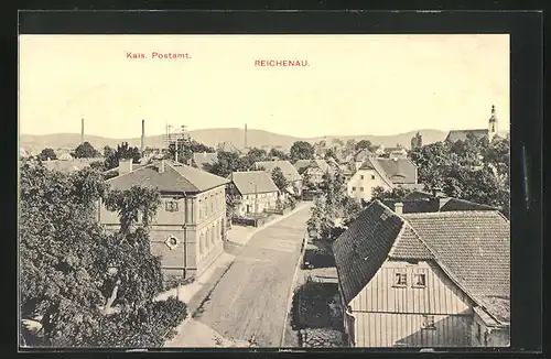 AK Reichenau, Strassenpartie mit Kais. Postamt aus der Vogelschau