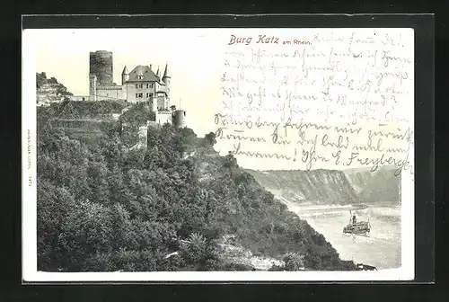 AK St. Goarshausen, Burg Katz, Burg und Rheindampfer