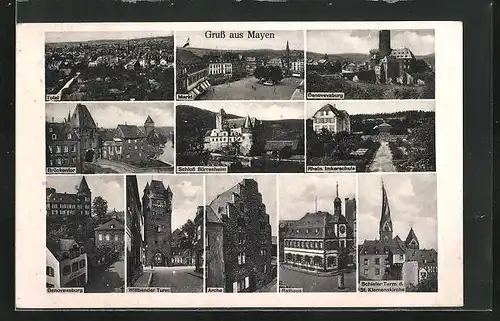 AK Mayen, Genovevaburg, Schloss Bürresheim, Rhein. Imkerschule, Schiefer Turm d. St. Klemenskirche