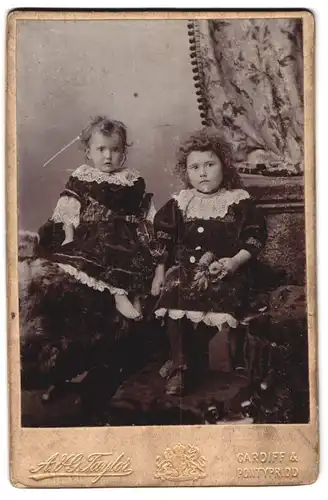Fotografie A. & G. Taylor, Cardiff, Portrait zwei kleine Mädchen in hübschen Kleidern