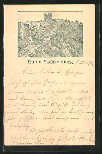 Vorläufer-Lithographie Sachsenburg, 1893, Totalansicht der Ruine
