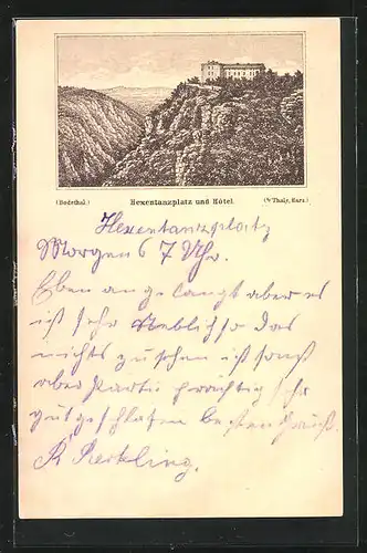 Vorläufer-Lithographie Ganzsache PP6F71/08: Thale /Harz, 1887, Hexentanplatz mit Hotel über dem Bodetal
