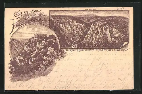 Vorläufer-Lithographie Ganzsache PP6F71/017: Thale /Harz, 1887, Hotel Hexentanzplatz, Blick über das Bodetal zum Brocken