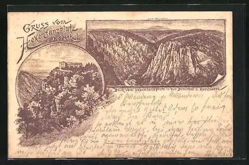 Vorläufer-Lithographie Ganzsache PP6F71/017: Thale /Harz, 1887, Hotel Hexentanzplatz, Blick über das Bodetal