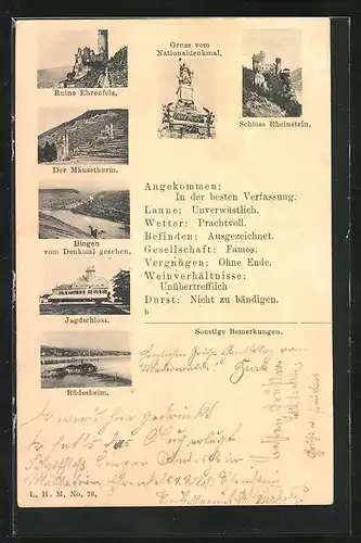 Vorläufer-AK Bingen, 1893, Nationaldenkmal, Mäuseturm, Ruine Ehrenfels, Schloss Rheinstein