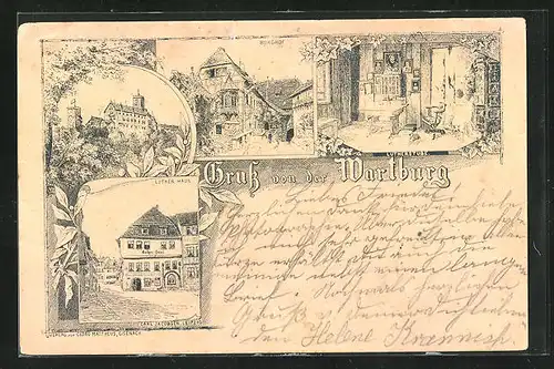 Vorläufer-Lithographie Wartburg mit Lutherhaus und Lutherstube, 1893