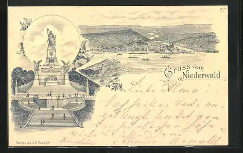 Vorläufer-Lithographie Bingen, 1895, National-Denkmal auf dem Niederwald, Totalansicht